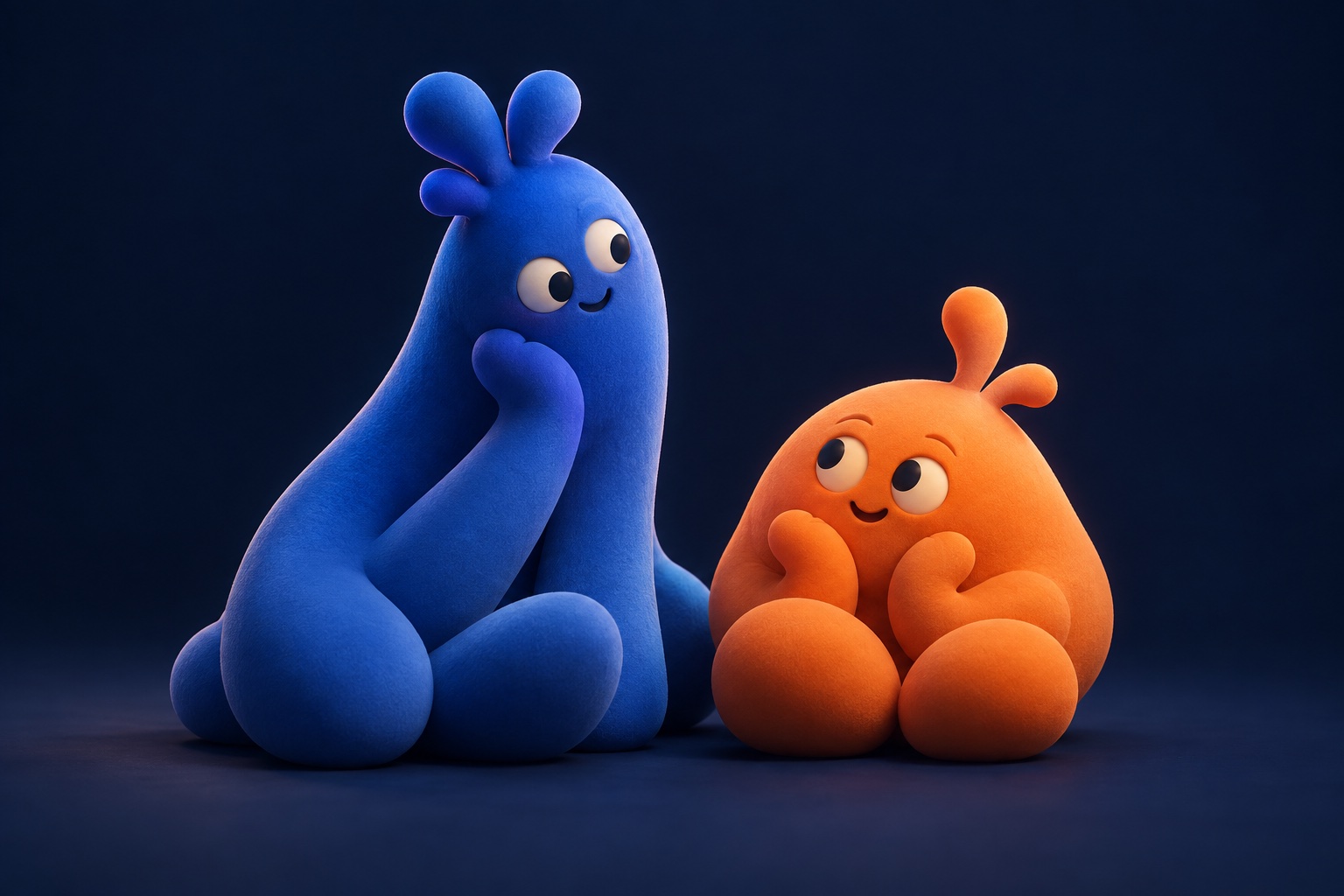 Two friendly blue and orange imaginary companions sitting together.